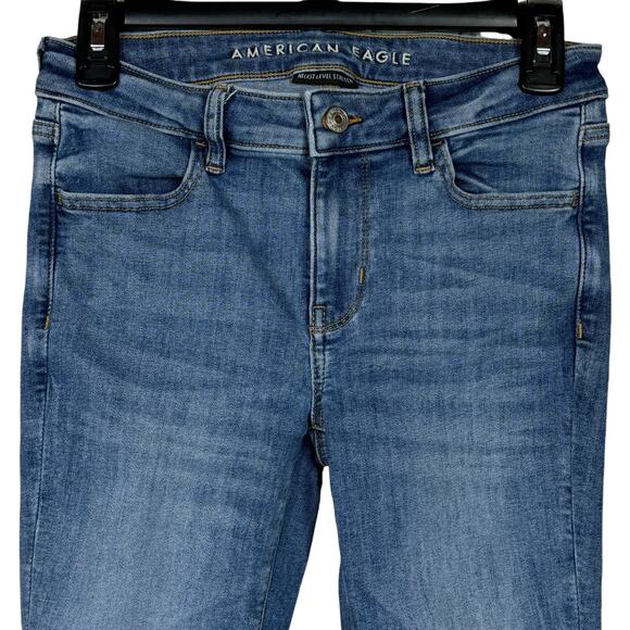 American Eagle SZ 4 SHORT Jeggings Jeans Stretch Low-Rise Zip-Fly Whiskered Blue - Picture 2 of 11